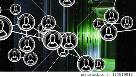 Network of people icons moving over green lit, dark computer server room 115919918