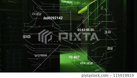 Networks and data processing over green lit, dark computer server room 115919919