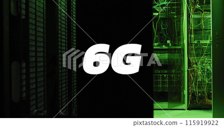 Image of 6g text banner against empty computer server room Image of 6g text banner against empty computer server room 115919922
