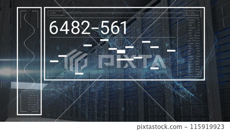 Image of interface with data processing and security padlock icon against server room Image of interface with data processing and security padlock icon against server room 115919923