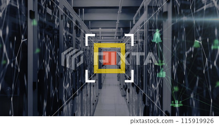 Image of scope scanning over network of connections against computer server room Image of scope scanning over network of connections against computer server room 115919926