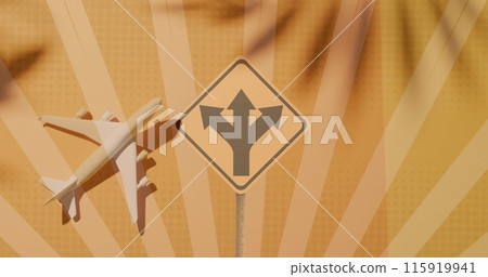 Image of road sign with arrows and lines over plane 115919941