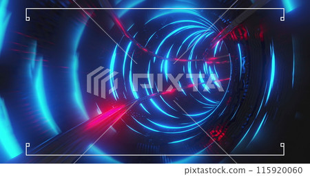 Image of banner with copy space against neon blue tunnel in seamless pattern 115920060