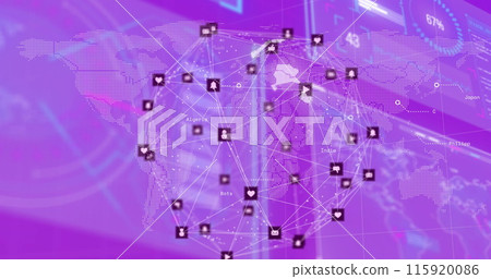 Image of globe with connections and data processing over purple background 115920086