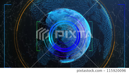Image of network of connections and scope scanning over spinning globe on blue background 115920096
