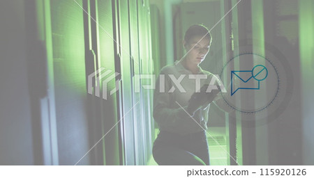 Image of message block icon over caucasian female engineer using digital tablet at server room 115920126