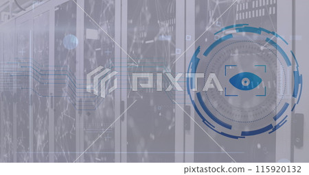 Image of retina over round scanner and network of connections against computer server room Image of retina over round scanner and network of connections against computer server room 115920132