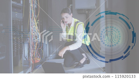 Image of fingerprint scanner over caucasian female engineer talking on smartphone at server room Image of fingerprint scanner over caucasian female engineer talking on smartphone at server room 115920133