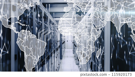Image of map and connected dots on server racks in server room 115920173