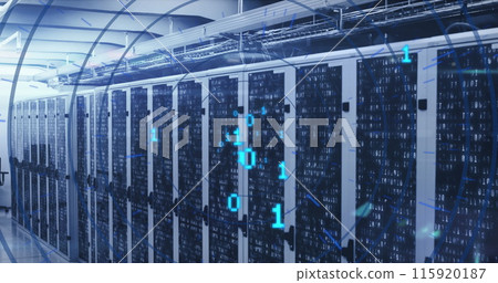 Image of looping binary codes in circular tunnel over bars on server racks in server room 115920187