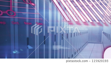 Image of graphs, globe and computer language over multicolored bars on server room Image of graphs, globe and computer language over multicolored bars on server room 115920193