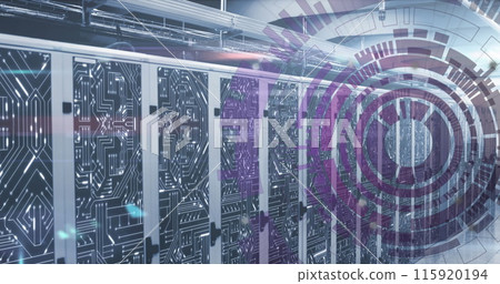 Image of loading circles over circuit board pattern on server racks in server room 115920194