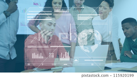 Image of loading bars, globe, graph over diverse manager explaining over laptop to colleagues 115920199