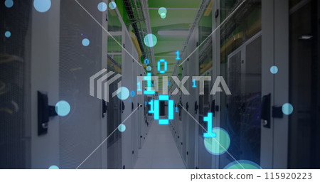 Image of binary codes and falling lens flares over server room in background 115920223
