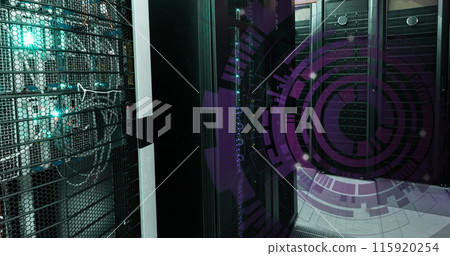Image of round scanner spinning against computer server room 115920254