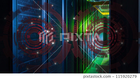 Image of two round scanners spinning against computer server room Image of two round scanners spinning against computer server room 115920279