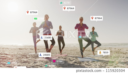 Image of social media data processing over diverse women exercising on beach Image of social media data processing over diverse women exercising on beach 115920304