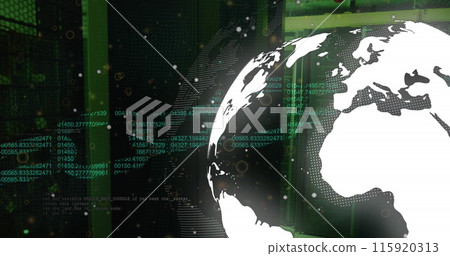Image of security chain icon over spinning globe and data processing against server room 115920313
