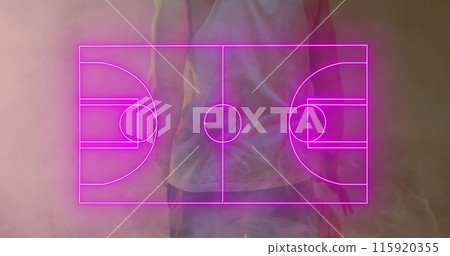Image of pink basketball court and smoke over african american male basketball player with ball 115920355