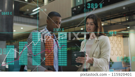 Image of financial data processing over diverse businesspeople in office 115920401
