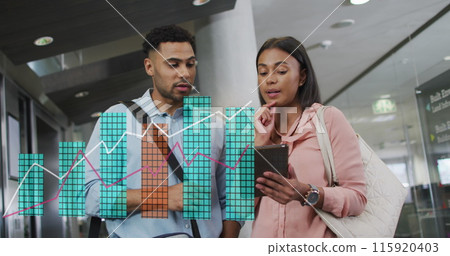 Image of financial data processing over diverse business people in office Image of financial data processing over diverse business people in office 115920403
