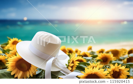 White ribbon straw hat, sunflowers and the sea 115920415