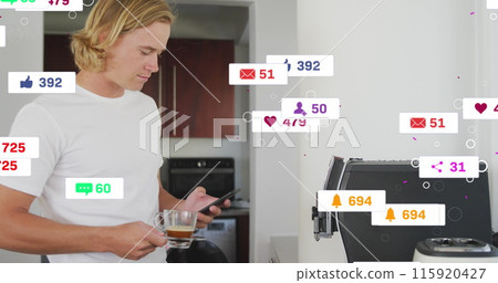 Image of social media text and icons over caucasian man with smartphone at home 115920427