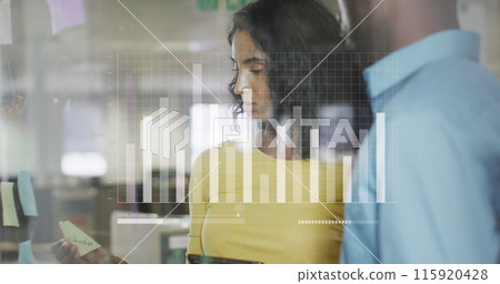 Image of financial data processing over diverse businesspeople in office Image of financial data processing over diverse businesspeople in office 115920428