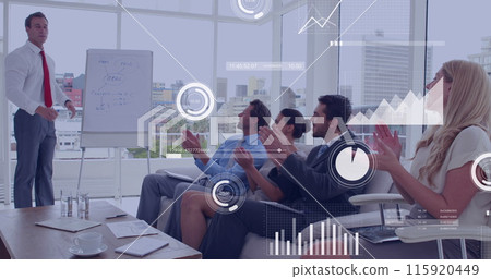 Image of financial data processing over diverse business people in office Image of financial data processing over diverse business people in office 115920449