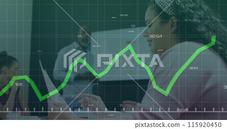 Image of financial data processing over diverse business people in office Image of financial data processing over diverse business people in office 115920450