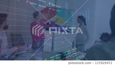 Image of financial data processing over diverse business people in office Image of financial data processing over diverse business people in office 115920451