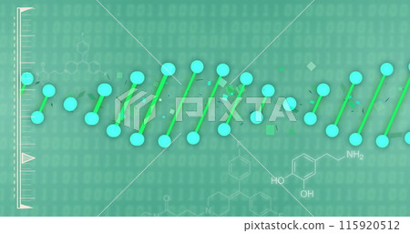 Image of data processing with dna strand and chemical formula on green background 115920512