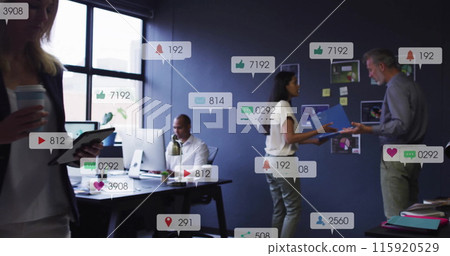 Image of changing numbers, icons in notification bars over diverse coworkers discussing reports 115920529