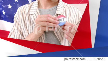 Image of usa elections text and american flag, diverse man with vote badge and woman waving flag 115920543