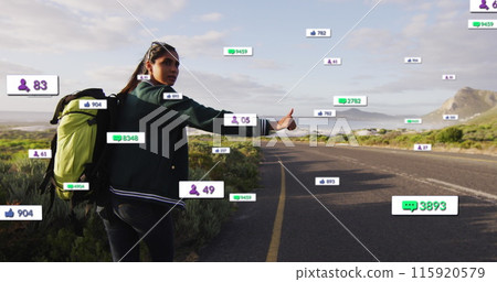 Image of multiple notification bars over biracial woman raising stop to take lift at highway Image of multiple notification bars over biracial woman raising stop to take lift at highway 115920579