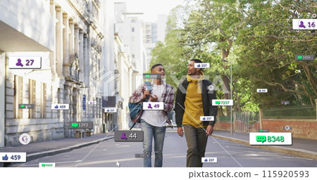 Image of notification bars over diverse friends discussing and pointing while walking on street 115920593