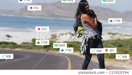 Image of notification bars over biracial woman picking up bag from road 115920594