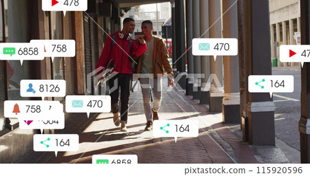 Image of multiple notification bars over diverse friends discussing while walking on street 115920596