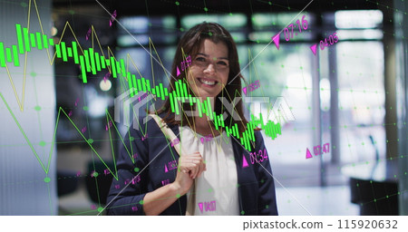 Image of multiple graphs with changing numbers over biracial woman walking in office Image of multiple graphs with changing numbers over biracial woman walking in office 115920632