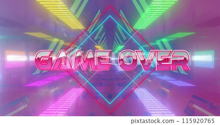 Image of game over text over neon pattern background Image of game over text over neon pattern background 115920765