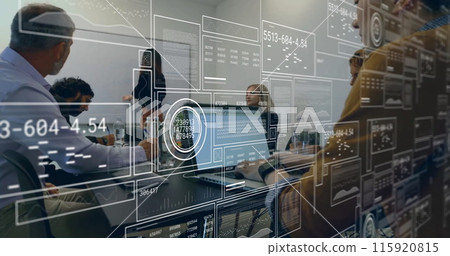 Image of data processing and statistics over diverse businesspeople in office Image of data processing and statistics over diverse businesspeople in office 115920815