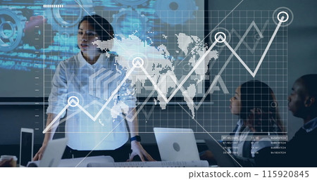 Image of data processing and statistics over diverse businesspeople in office 115920845
