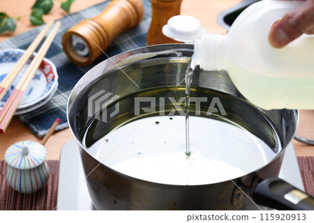 Pour oil into the pan Pour oil into the pan 115920913