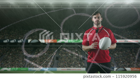 Professional rugby player standing in front of a sports stadium 4k Professional rugby player standing in front of a sports stadium 4k 115920956