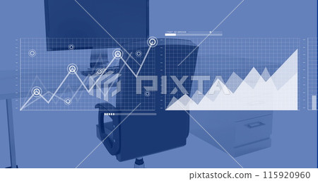 Image of financial data processing over office with computer on desk 115920960