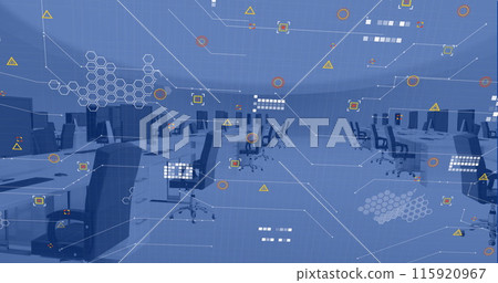 Image of financial data processing over office with computers on desks and chairs Image of financial data processing over office with computers on desks and chairs 115920967