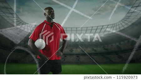 Image of position plan over african american man with rugby ball at stadium 115920973