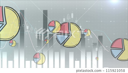 Image of pie chart icons over statistics processing on grey background 115921058