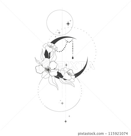 Elegant thin line moon flower contour tattoo, floral spiritual mystic element, Esoteric boho magic illustration, Line, leaves and dors decoration 115921074