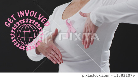 Get involved text banner against mid section of woman wearing pink ribbon on her chest 115921079